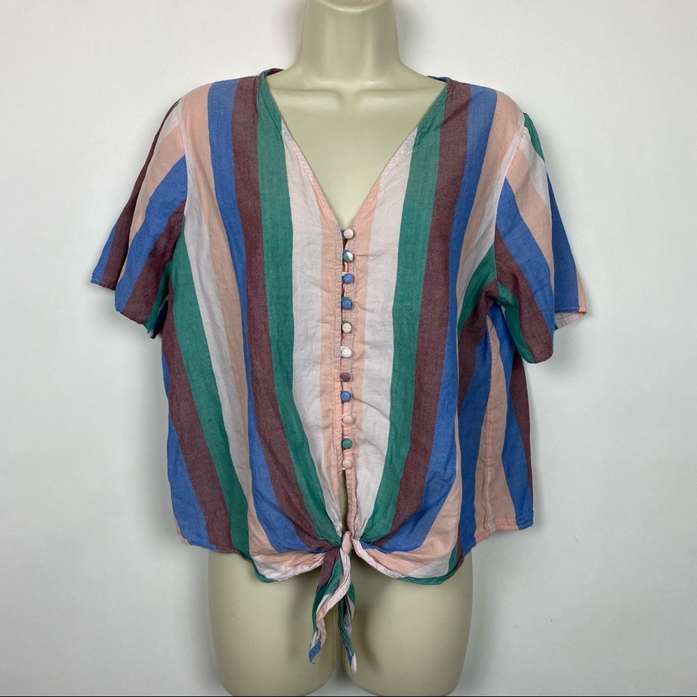 Madewell Multi-Color Striped Tie-Front Button Blouse
